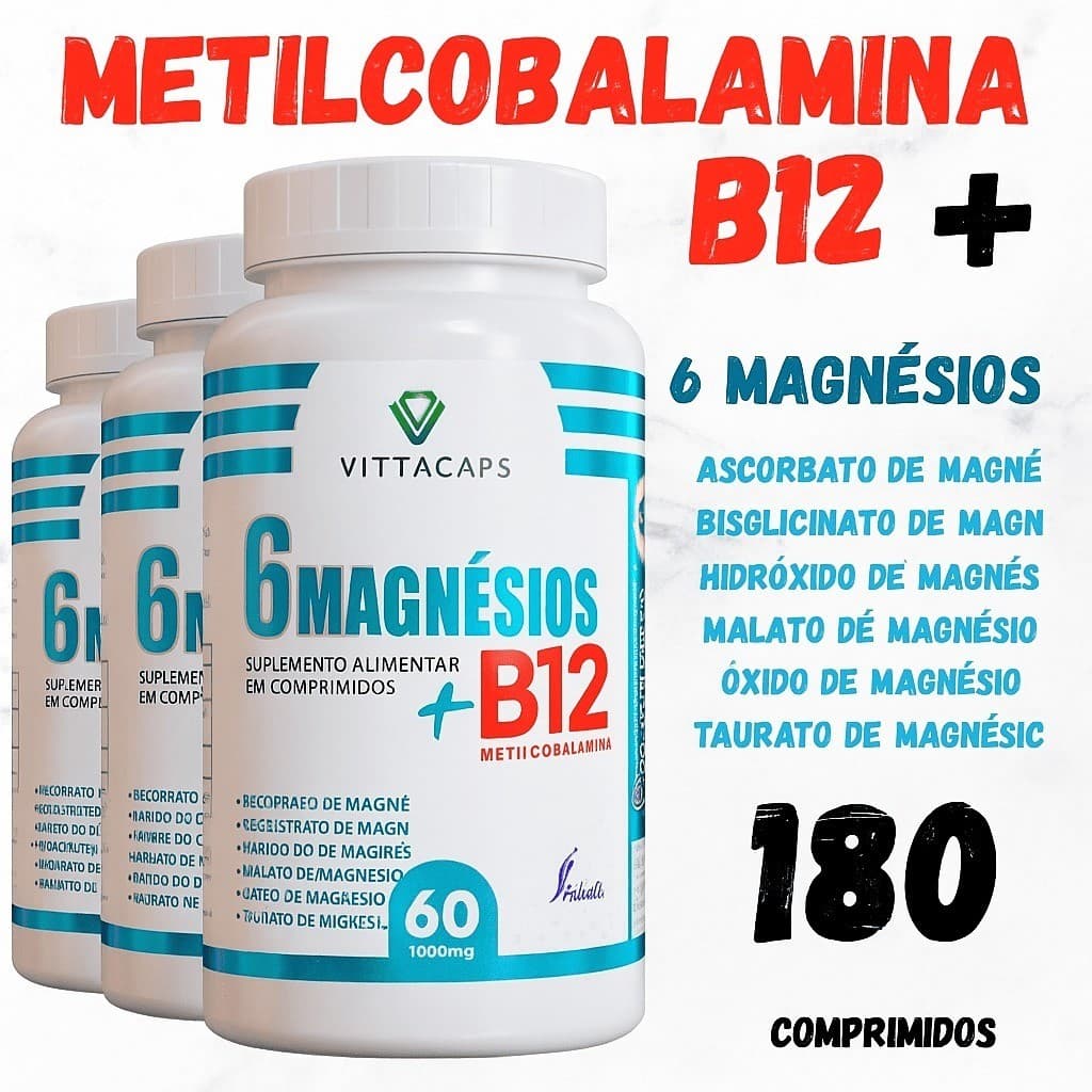 3-POTES-VITAMINA B12 METILCOBALAMINA +6 MAGNÉSIOS-AGORA EM 1 SÓ POTE | 180 CÁPSULAS