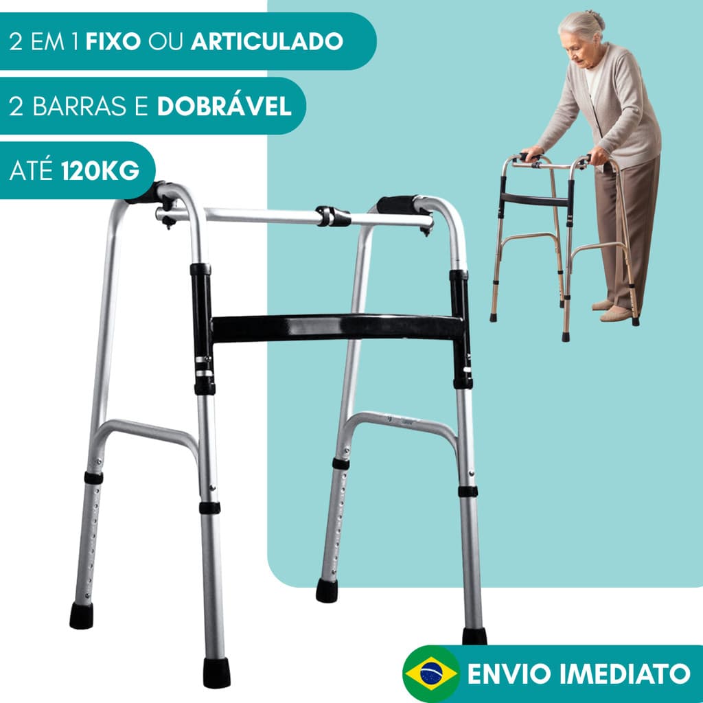 Andador para Idoso 2 em 1 Fixo e Articulado 2 Barras Dobrável Adulto 120Kg Ortopédico Dificiente