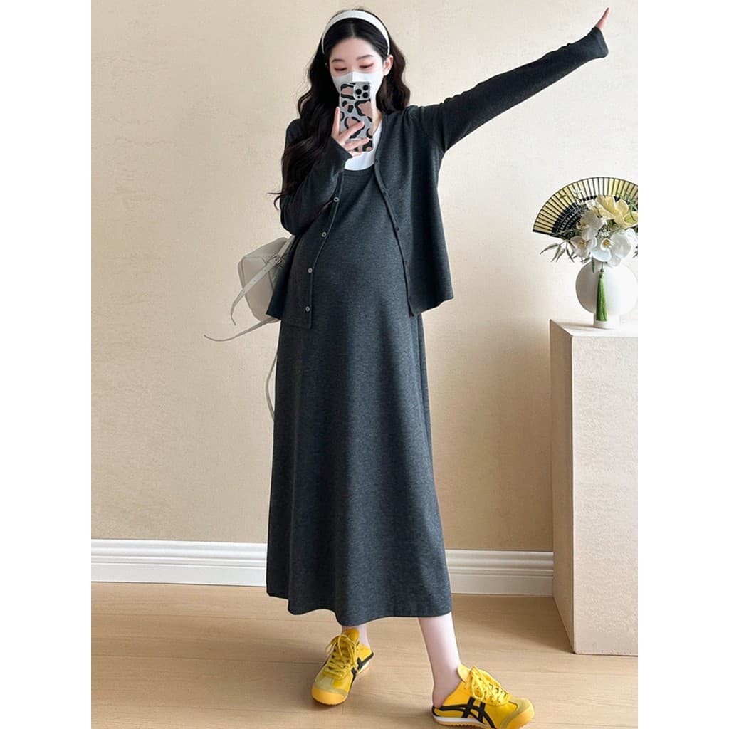 Terno de maternidade primavera outono estilo preguiçoso terno de duas peças 2025 novo estilo de manga comprida Cardigan 