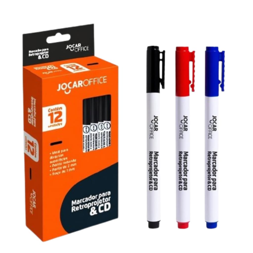 KIT 3 Canetas Marcador Permanente Retroprojetor Cd Dvd Preto Azul Vermelho Jocar Office Profissional