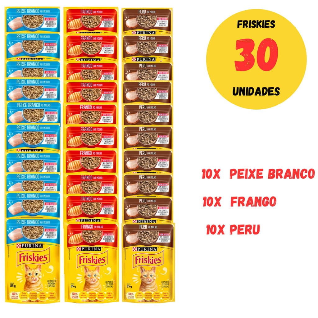 COMBO 30 SACHÊS FRISKIES 85G RAÇÃO PARA GATOS 3 SABORES - FRANGO PEIXE BRANCO E PERU