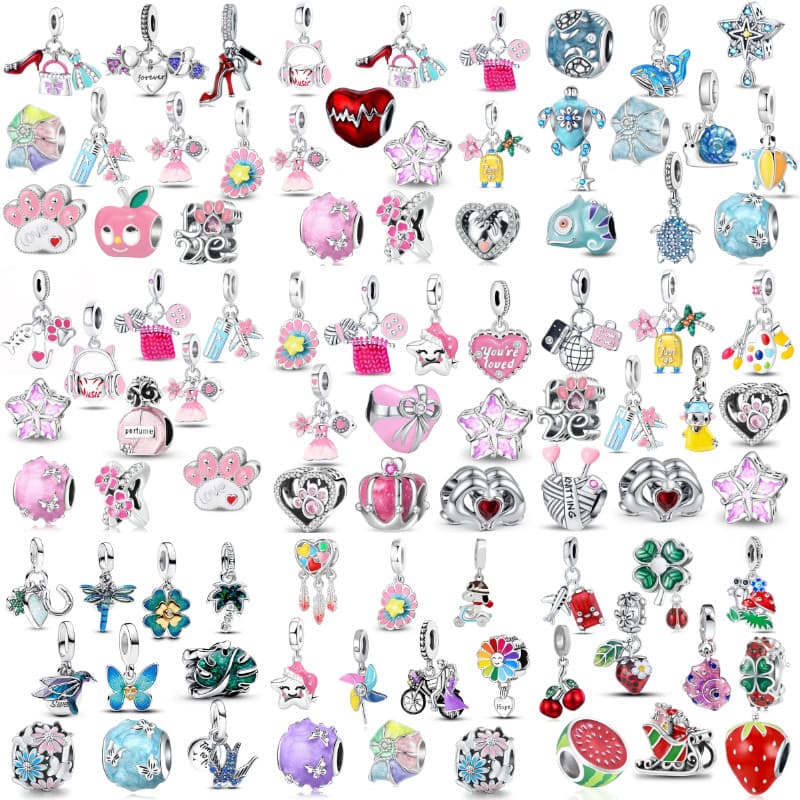 10 Peças/Berloques De Prata 925 Charme Série Rosa Pulseira Acessórios Vestido De Salto Alto Colar Conjunto De Jóias