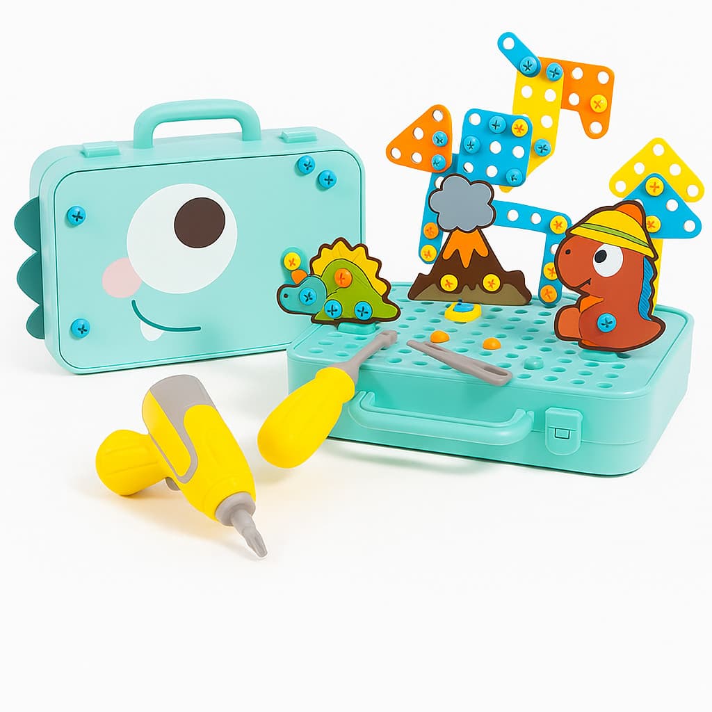 Kit Caixa De Ferramentas De Montagem De Parafuso Dinossauro Infantil Crianças Furadeira Elétrica Brinquedo