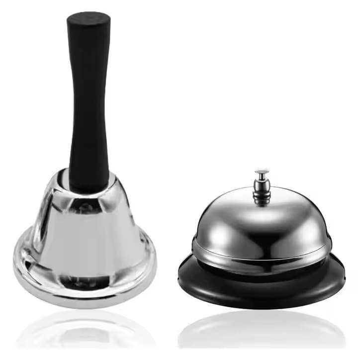 Kit Campainha de Mesa e Sino Sineta Inox Ideal Restaurantes Hotéis Lojas Escritórios Balcão Bar Garçon