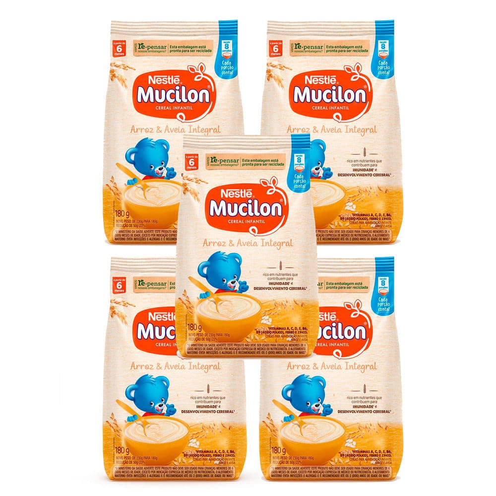 Kit 5 Mucilon Arroz e Aveia Integral Cereal Infantil Sachê 180g