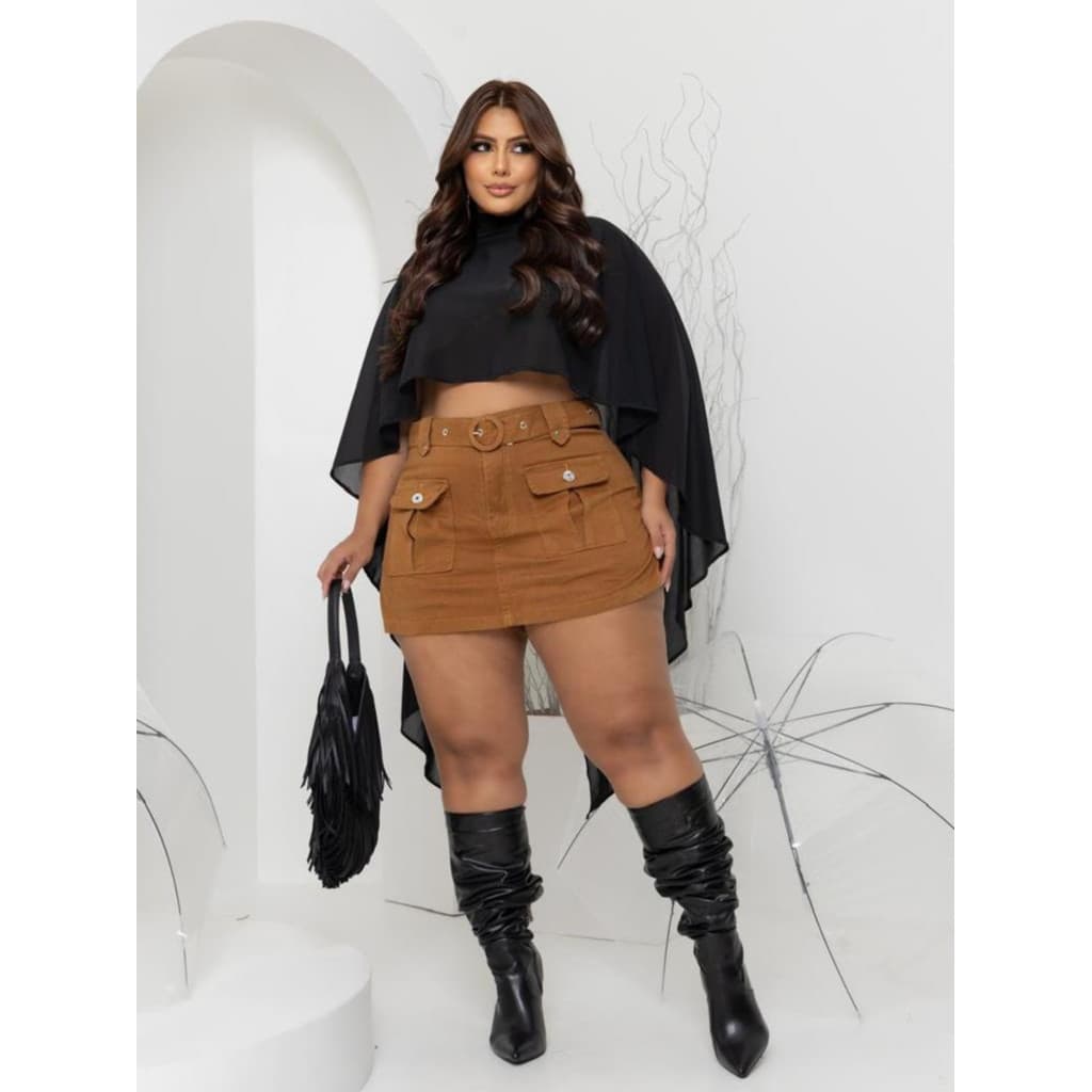 Short Saia Jeans Cargo Plus Size Marrom Feminino  Cintura Alta, Com Lycra, Bolsos Cargo