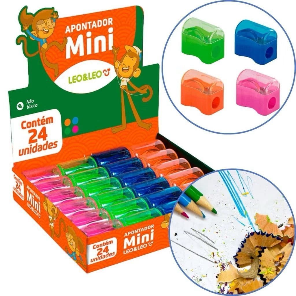 Apontador Escolar Com Deposito Mini Kit 24 Apontador Com Depósito Mini Cestinha Escolar Infantil Leo&Leo