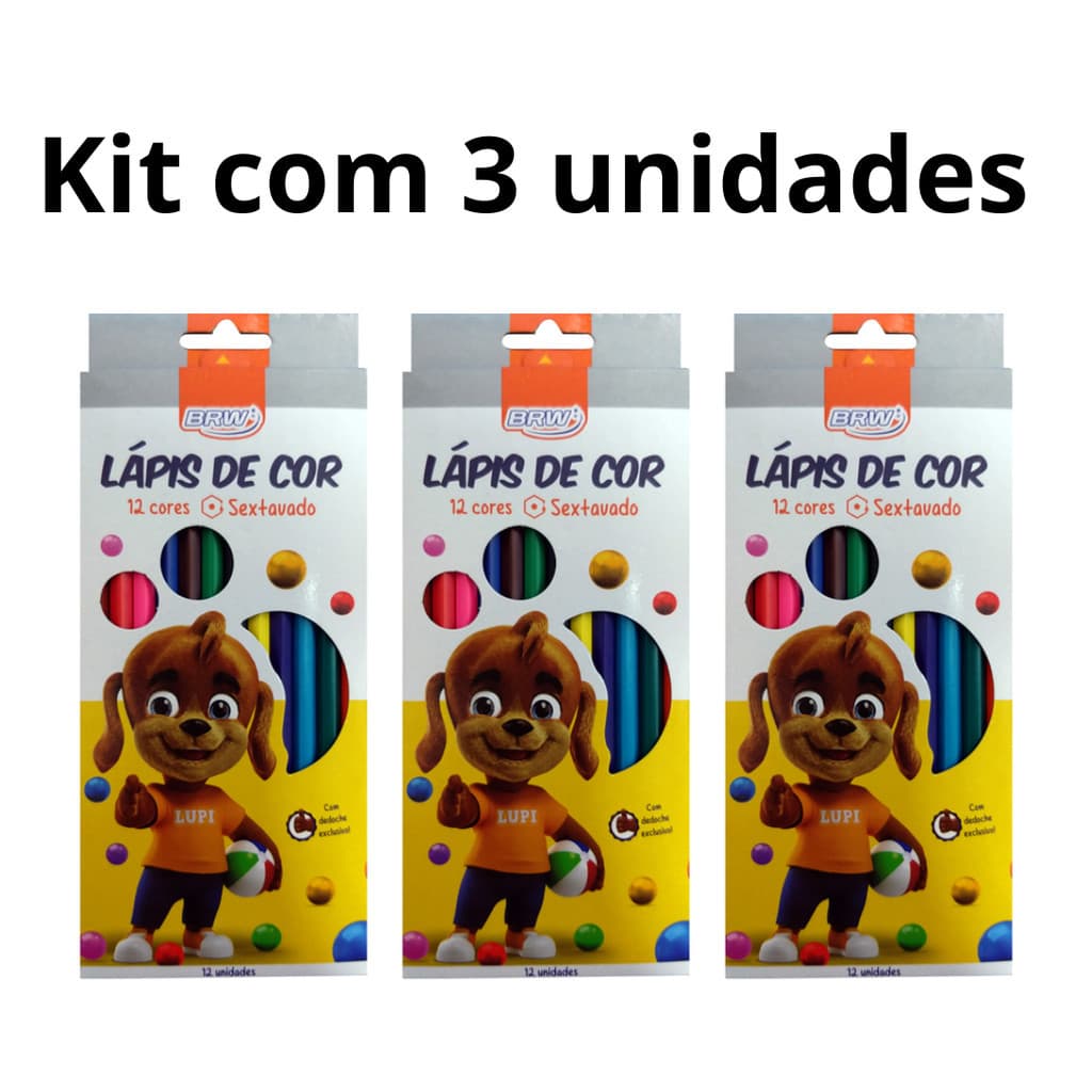 Kit com 3 Caixas de Lápis De Cor  12 Cores / BRW
