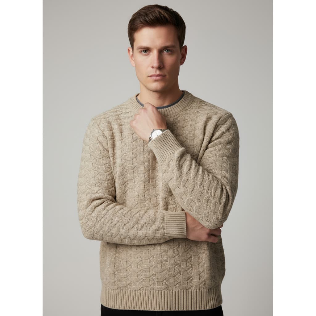 Suéter Masculino de Tricot  com desenho em Losango Gola Redonda