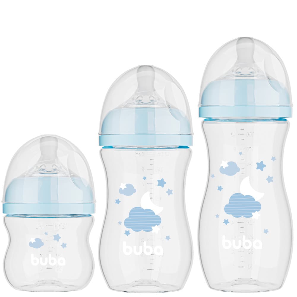 KIT 3 MAMADEIRAS BUBA EASY FLOW NUVEM AZUL 120 ML - 270 ML - 330 ML