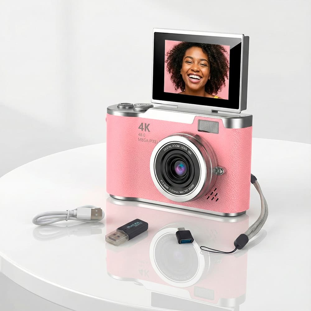 Câmera Digital Tela Giratória 2.4 Selfie 4K 1080P 720P VGA Bateria 4 Horas Adesivos Pulseira