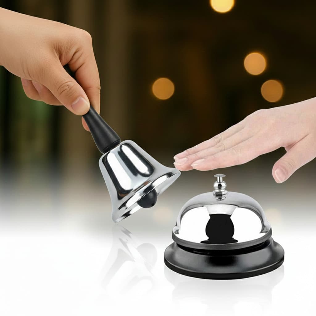 Kit Campainha de Mesa e Sino Sineta Inox Ideal Restaurantes Hotéis Lojas Escritórios Balcão Bar Garçon