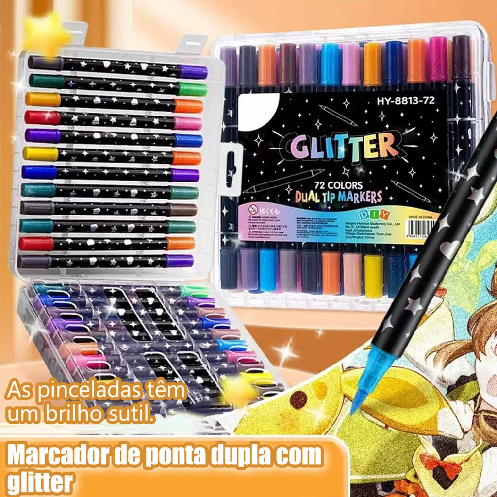 Caneta Marcadora acrílica Glitter Metalizada Ponta Dupla para Colorir Brilhante 72/96/120 Cores