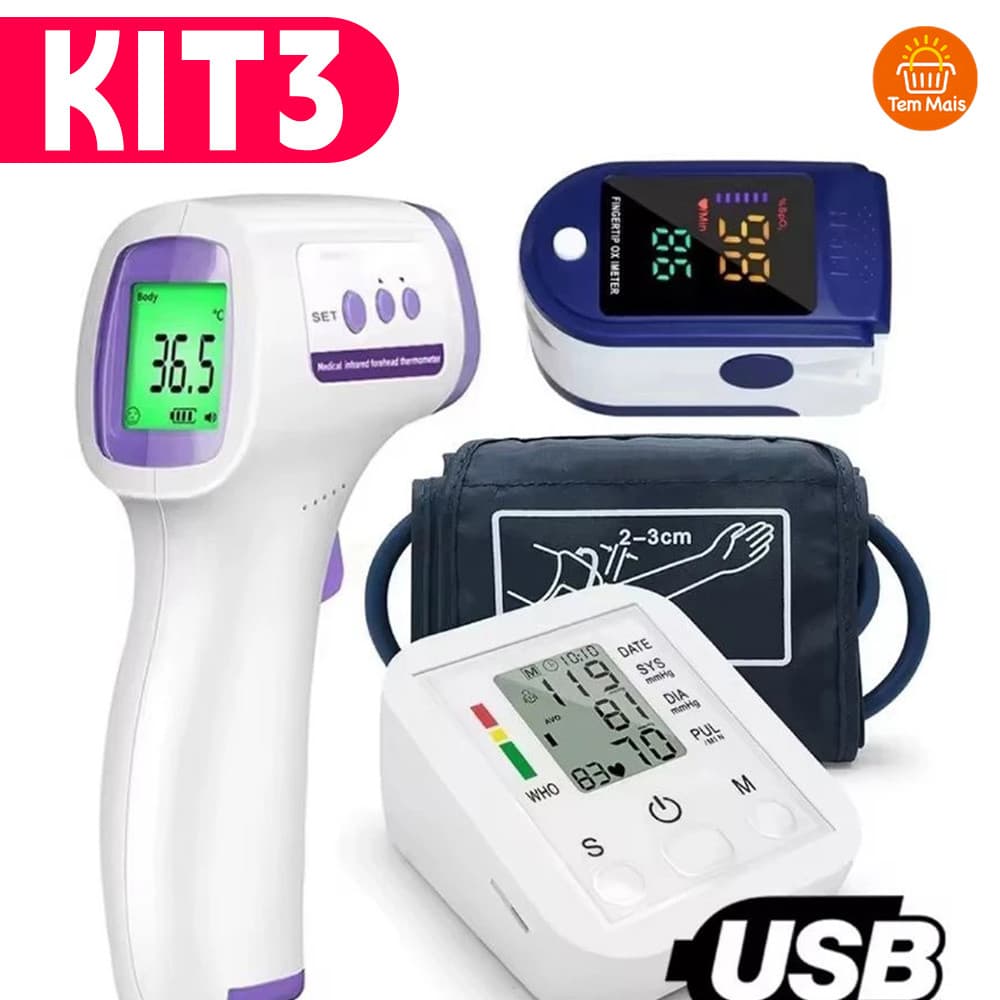 Kit Hospitalar Doméstico: Medidor de Pressão Arterial, Termômetro Infravermelho e Oxímetro de Pulso