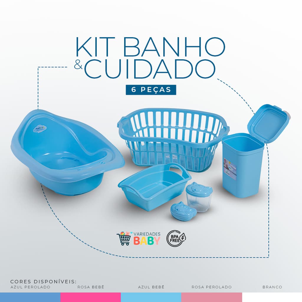 Kit Banho Baby 6 Peças Banheira 22L Cesto 25L Lixeira 4,5L Saboneteira e Porta Cotonete Envio Rapido