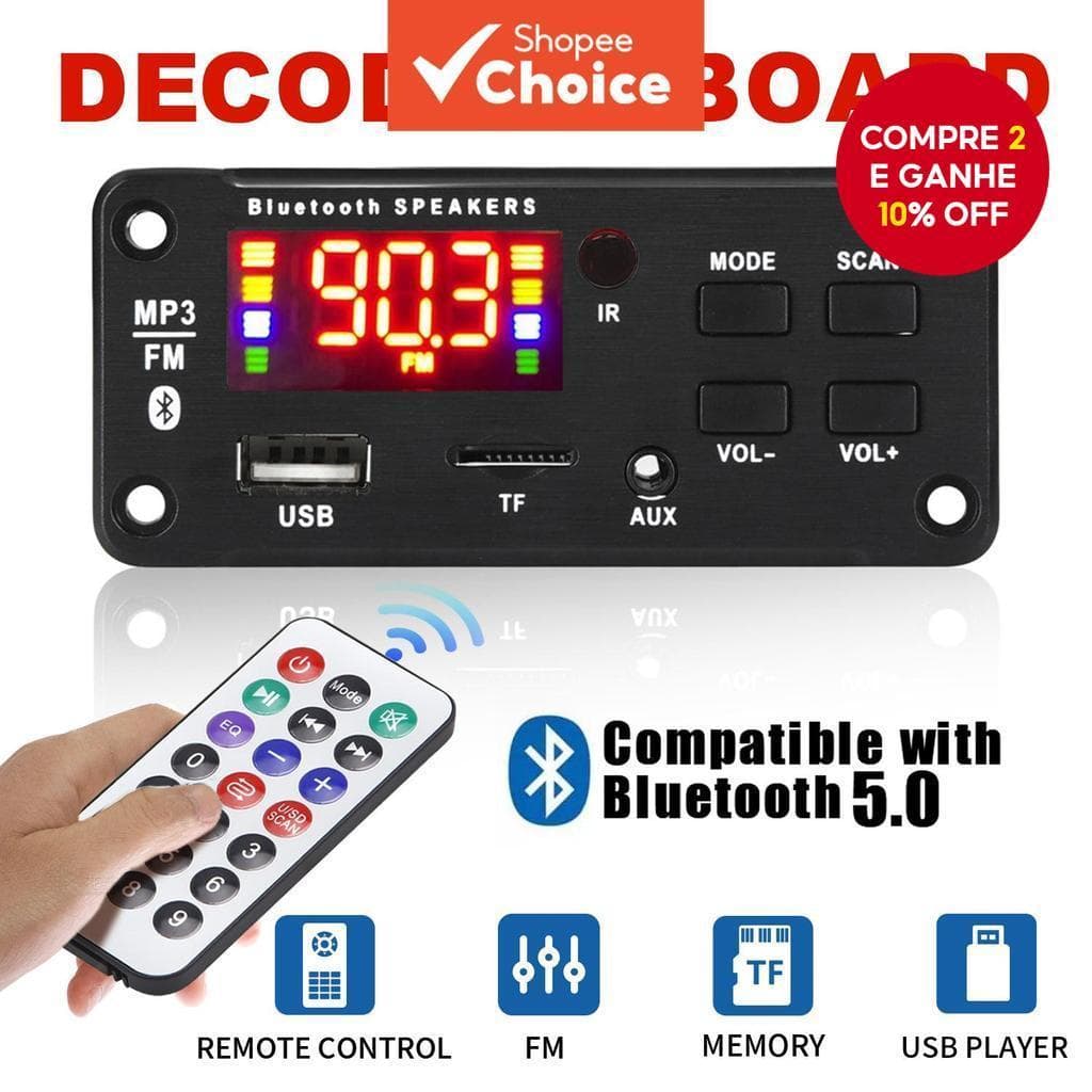 [Shopee Choice] DC 12V Sem Fio Bluetooth 5.0 Placa mp3 Módulo De Áudio Estéreo HiFi USB TF Rádio mp3 player Para Gravaçã