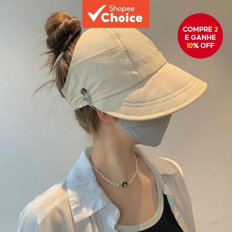 Chapéu de sol coreano com abas largas, gancho para máscara e cauda de cavalo ajustável, ideal para verão.