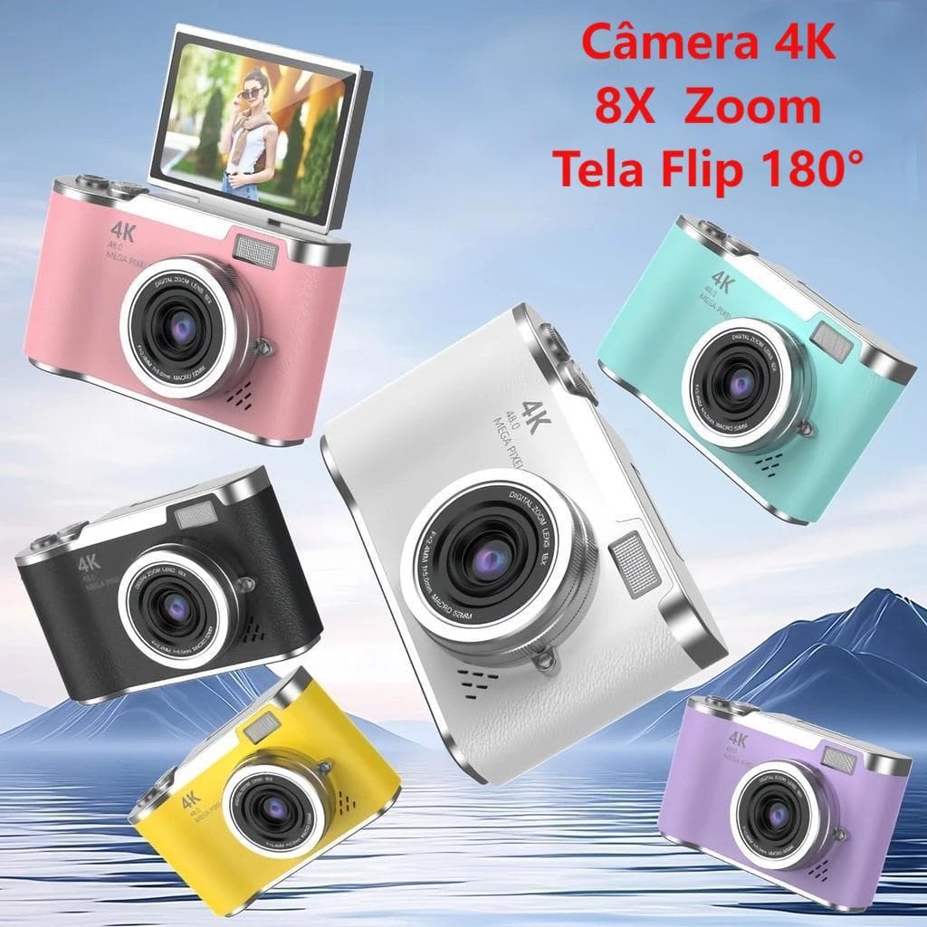 Câmera Digital 4K com CCD,48MP 4K, Zoom 8x,  Autofoco e Gravador de Vídeo para Vlog