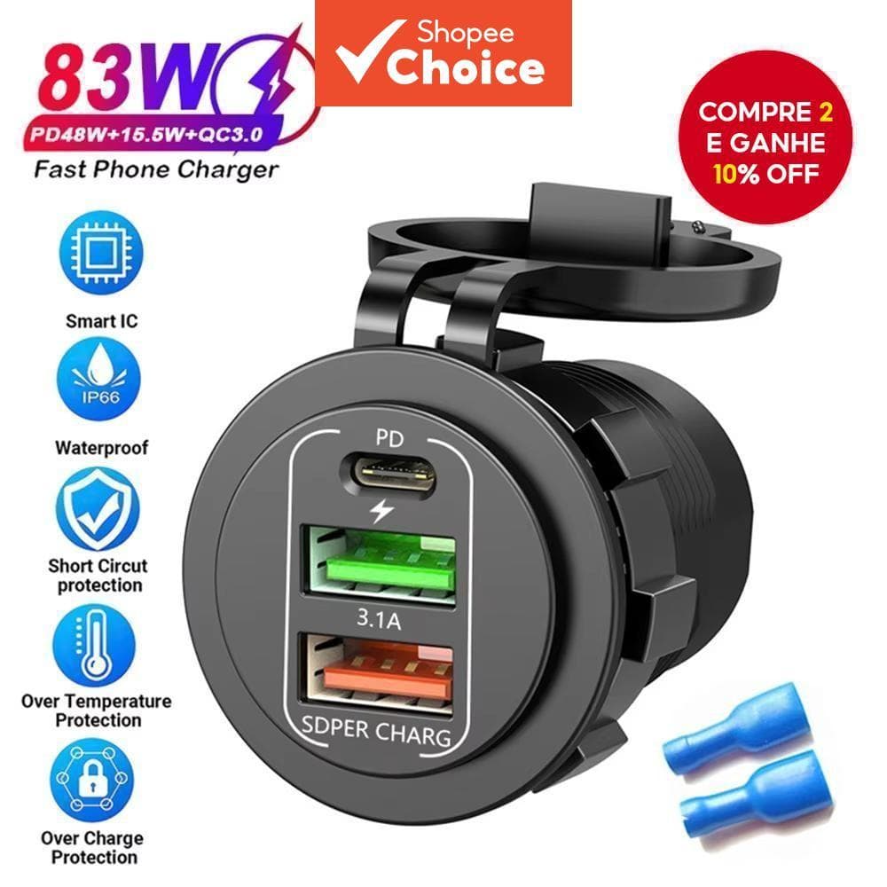 Carregador Veicular 3 em 1 12-24v com Carregamento Rápido Qc3.0, Dual Usb + Carregador Pd, Soquete de Energia À Prova