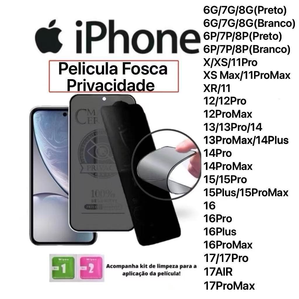 Kit De Película Cerâmica Fosca Privacidade para iPhone IOS 6G/7G/8G/XS/XR/11/12/13/14/15/16/17/17PRO/17AIR/17PROMAX