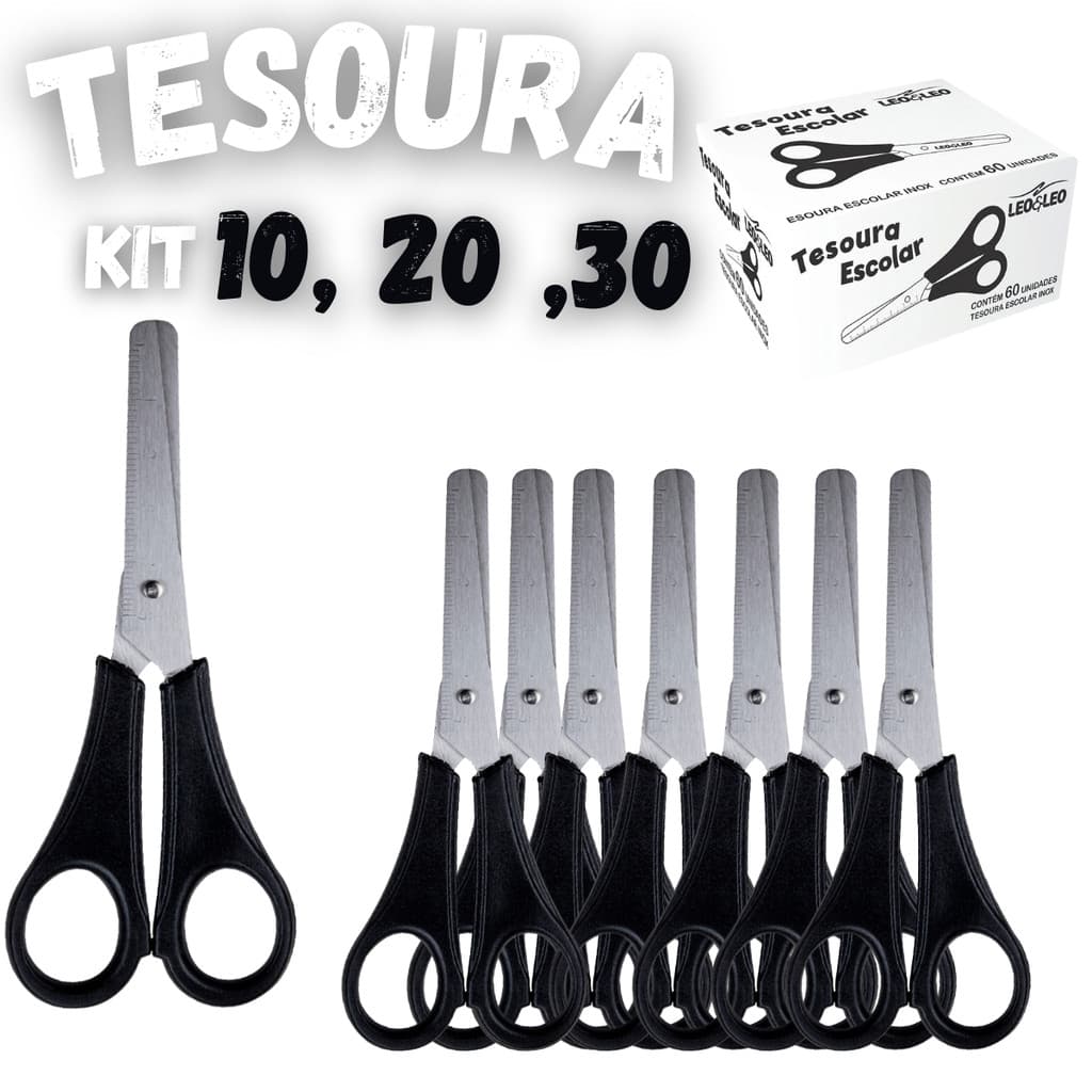 Tesoura Escolar Preta Inox 13cm Kit com 10 20 30 Unidades Corte Preciso Durável e Ergonômico