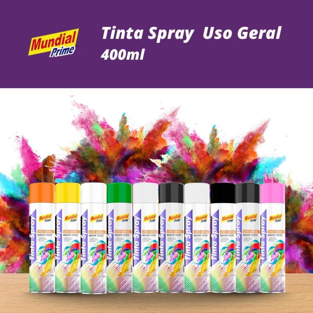 Tinta Spray 400ml Mundial Prime Uso Geral | Preto/Branco Fosco/Brilhante + Amarelo, Rosa, Verde