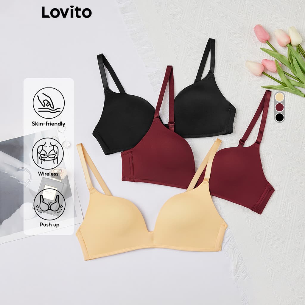 Lovito Sutiãs Bralette Casual Respirável Sem Fio Push Up Copa Cheia Com Bojos Não Removíveis Para Mulheres L233L079