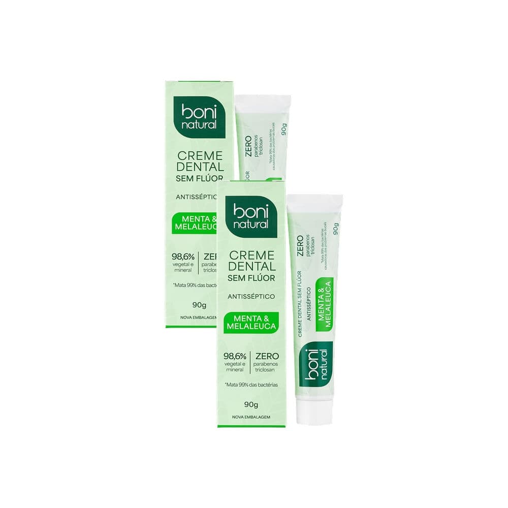 Kit 2 Creme Dental Boni Natural Antisséptico Menta e Melaleuca Sem Flúor 90g
