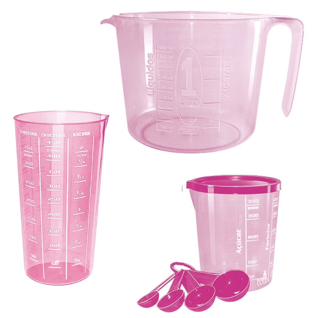 Kit Medidores 7 Peças Copo Jarra Dosadores Colher Medidora Rosa