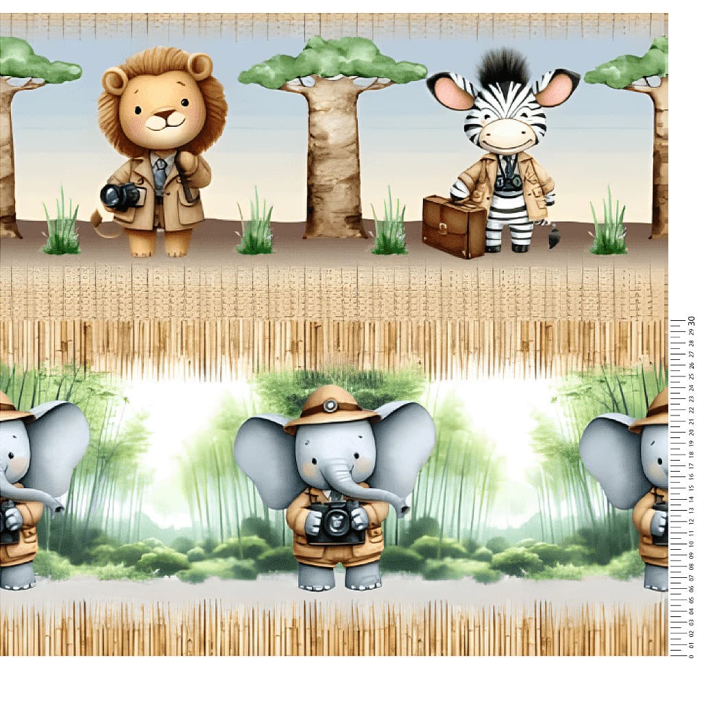 Tecido Tricoline Digital  Painel Barrado Safári do Bem  (5 Faixas) - Coleção Lúdica  - Tecidos Caldeira - 50 x 150 cm
