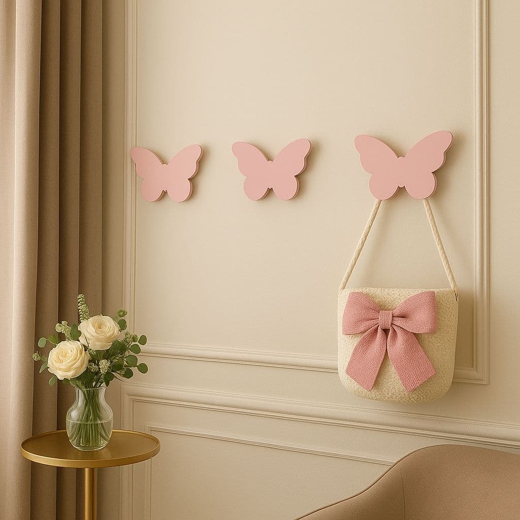 Kit Ganchos de Parede Borboleta Suporte para Toalhas e Roupas Fita Adesiva Rosa