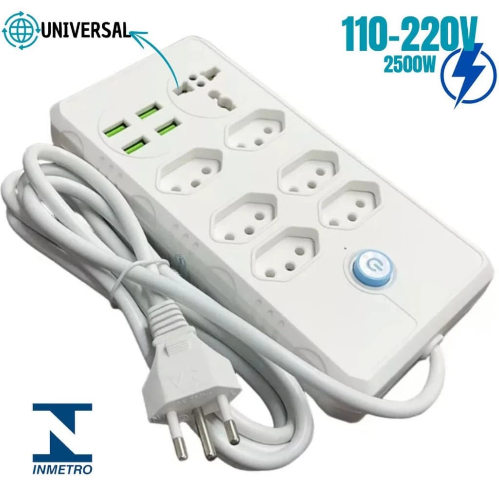 Filtro de Linha com Extensão, 7 Tomadas e 4 Portas USB, Bivolt 110V/220V - Para Maior Segurança e Conveniência
