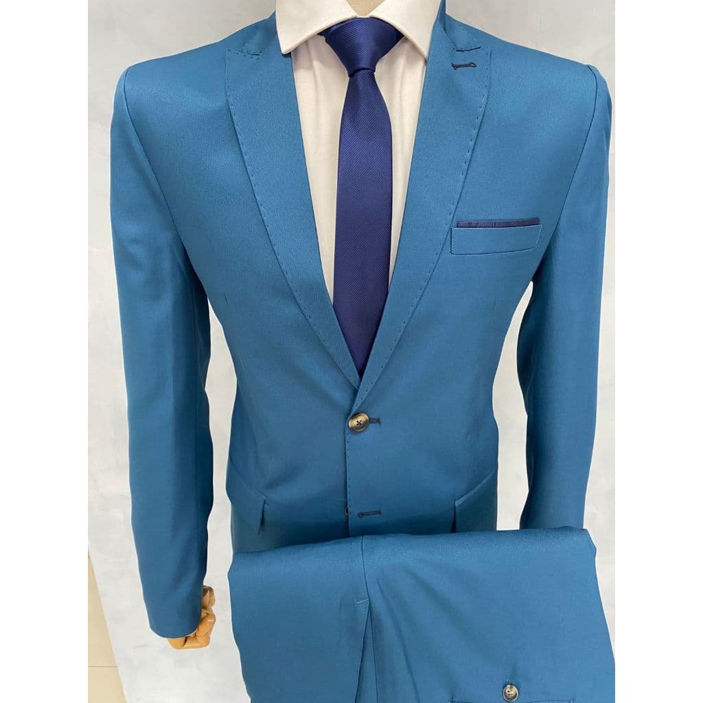 Terno Masculino Slim Azul Turquesa Textura Gabardine Lapela de Bico