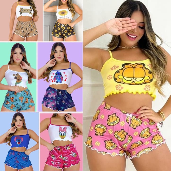 Pijama Baby Doll Alçinha Verão Cropped Luxo Personagens