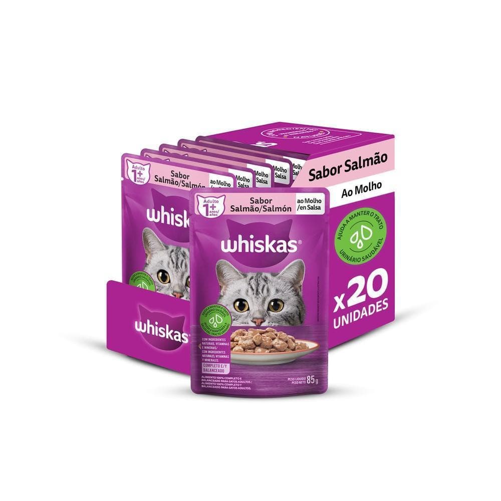 Ração Úmida Whiskas Sachê Salmão ao Molho para Gatos Adultos 85g - 20 Unid.