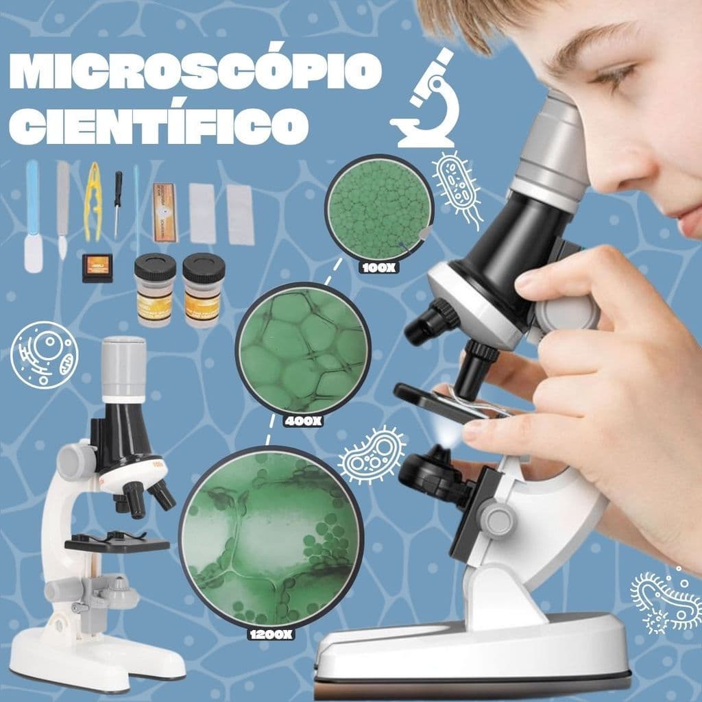 Microscópio Infantil 1200x Zoom Kit Completo Cientista Brinquedo Educativo