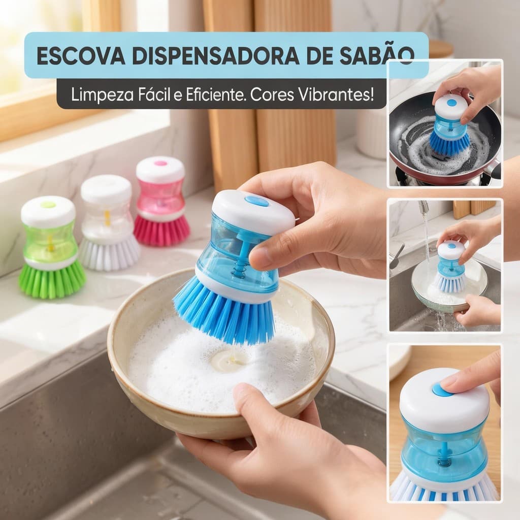 Kit Escova Lava Louças com Recipiente 8,5CM Limpeza Multiuso Dispenser Detergente Não Risca Dosador Cozinha
