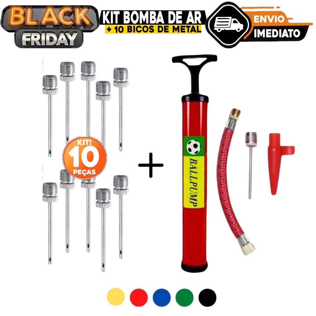 Kit Bomba de Ar com Acessórios + 10 Bicos de Metal para Encher Todo Tipo de Bolas Bico Encher Infláveis Boia Balão
