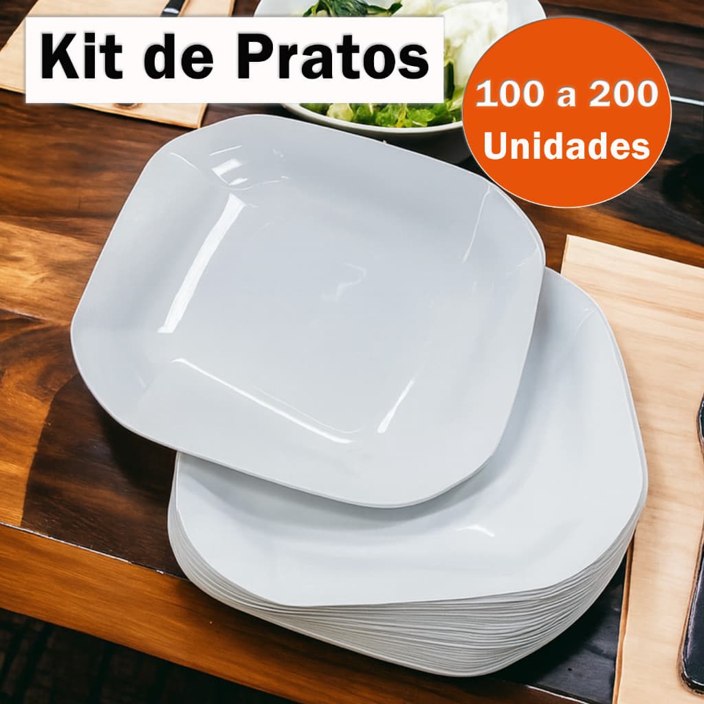 Kit 100 A 200 Pratos Liso Quadrado de Plástico Resistente Durável com Detalhes em Espiral