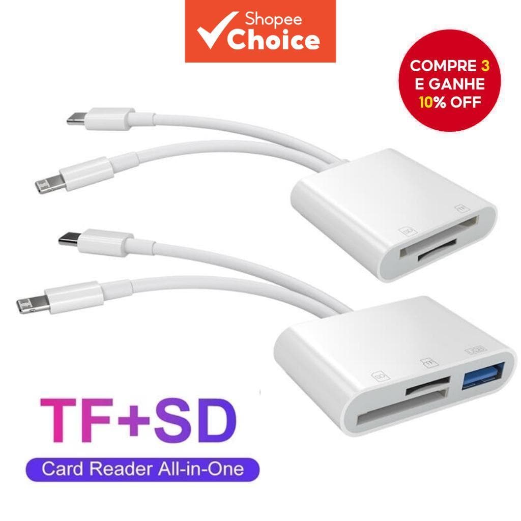 Leitor de cartão SD Tipo C Lightning 2 em 2, compatível com Apple, Huawei, Android e laptops.