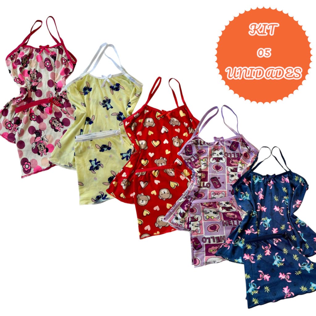Kit 5 Pijamas Short Doll Infantil Menina Personagens Stitch Soft Poliéster