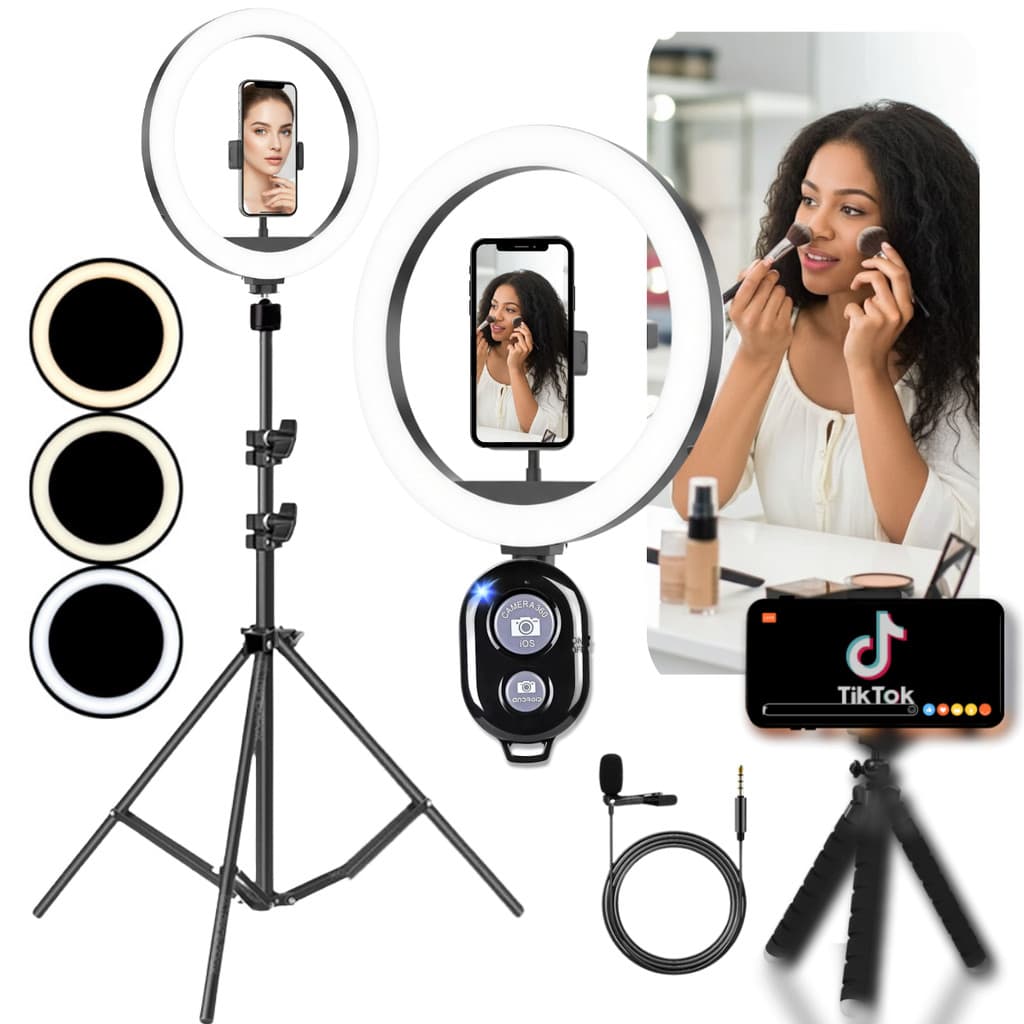 Kit Influenciador TikTok Tripé 2m Ring Light Gravação Iluminação Microfone de Lapela Celular