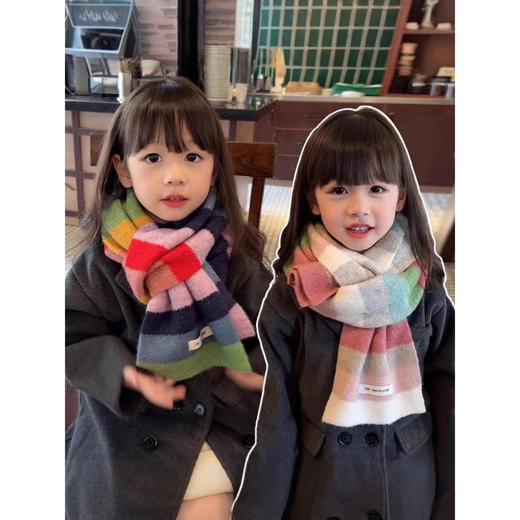 Crianças 2026 novo estilo inverno quente versão coreana lenço de malha com bloqueio de cores meninas All-Match estudante