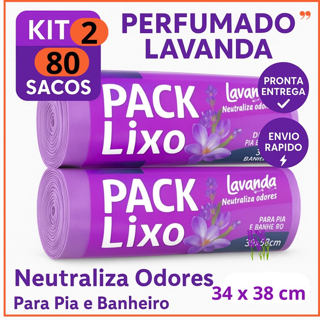 Saco de Lixo Perfumado | Kit 2 com 80 Sacos | Para Pia e Banheiro | 34x38cm | Lavanda