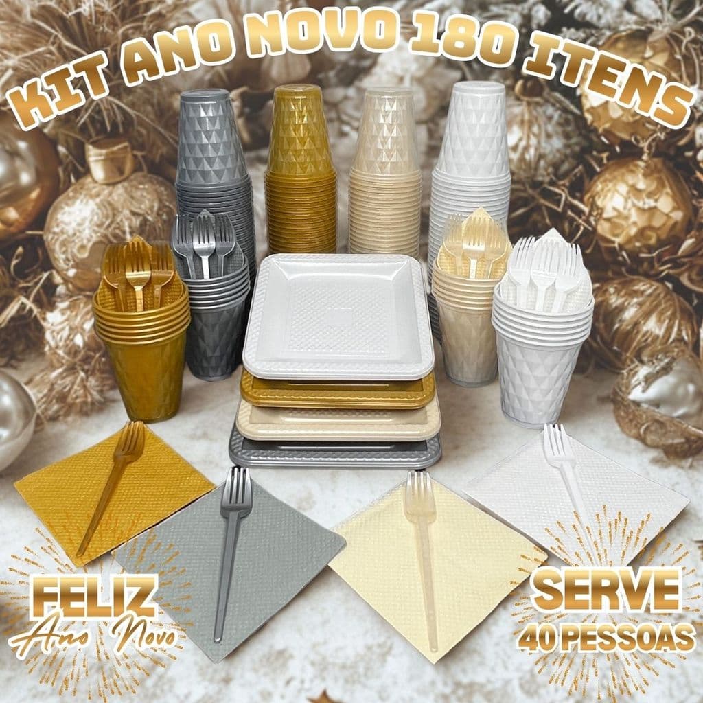 Kit 180 Itens P/ 40 Pessoas Festa Aniversário Completo Cor Ano Novo Descartável Luxo Pratinho Copo Garfo Guardanapo