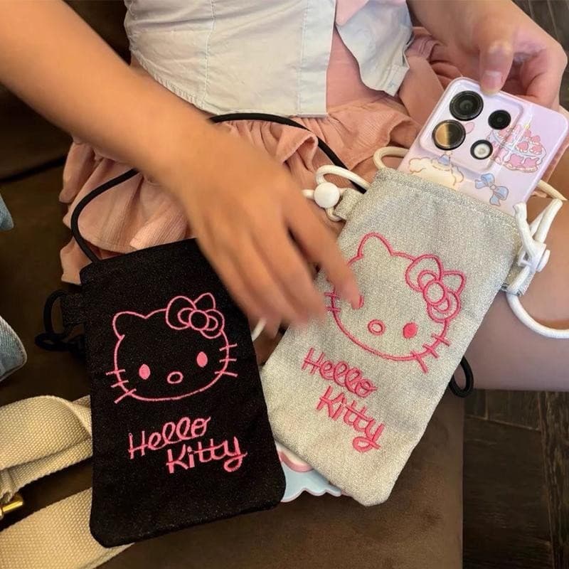 [largeloohg] Bordado Hello Kitty Crossbody Phone Bolsa Sanrio KT Cat De Ombro Anime Coin Purse Porta-Cartões