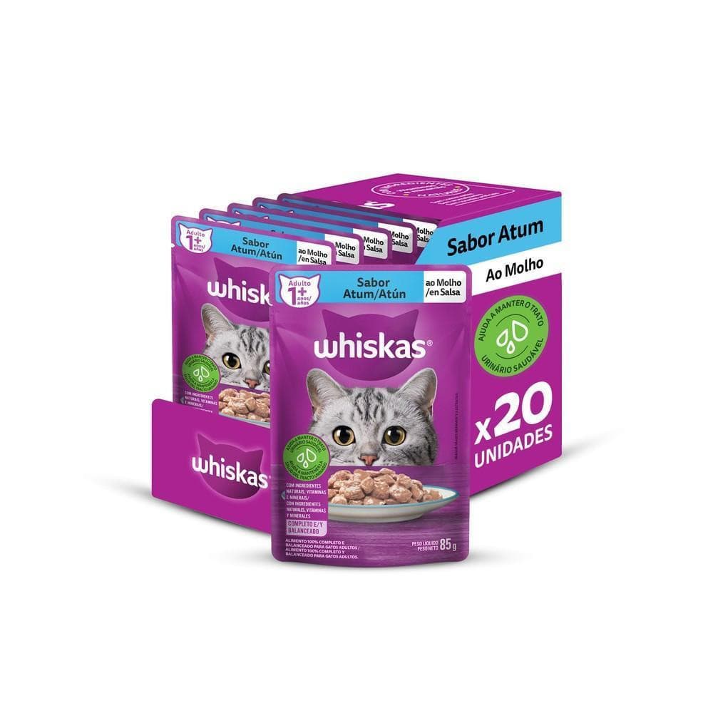 Ração Úmida Whiskas Sachê Atum ao Molho para Gatos Adultos - 20 Unidades de 85g