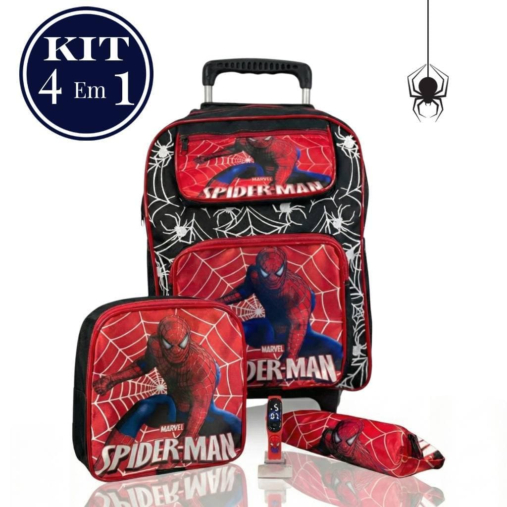 Mochila de Rodinha Menino Personagem Infantil Kit 4 em 1 Escolar Lancheira Estojo Relogio Digital