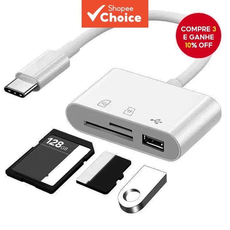 Leitor De Cartão SD USB C Para TF Adaptador Multiporta 3 Em 1 iPhone iPad MacBook Galaxy Laptop