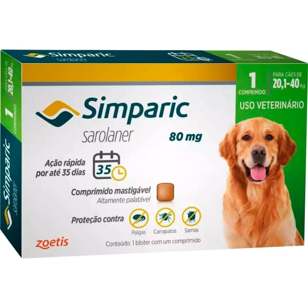 Simparic 80mg para de Cães 20,1 a 40kg - 1 Comp. - Zoetis